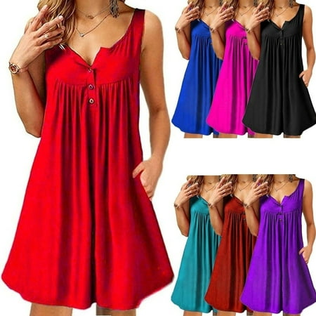 Womens Summer Casual Beach Wear Sleeveless Dresses with Pockets Off Shoulder Loose V Neck Tank Tops (Best Casual Wear For Ladies)