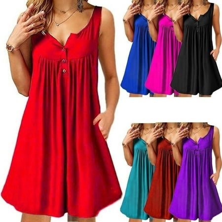 Womens Summer Casual Beach Wear Sleeveless Dresses with Pockets Off Shoulder Loose V Neck Tank Tops (Best Resort Wear Dresses)