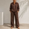 thumbnail image 2 of Mfakffe Womens 2‑Piece Casual Outfit Half‑Zip Collared Top and Wide Leg Pants Set Loose Relaxed Matching Tracksuit for Daily Wear, 2 of 6