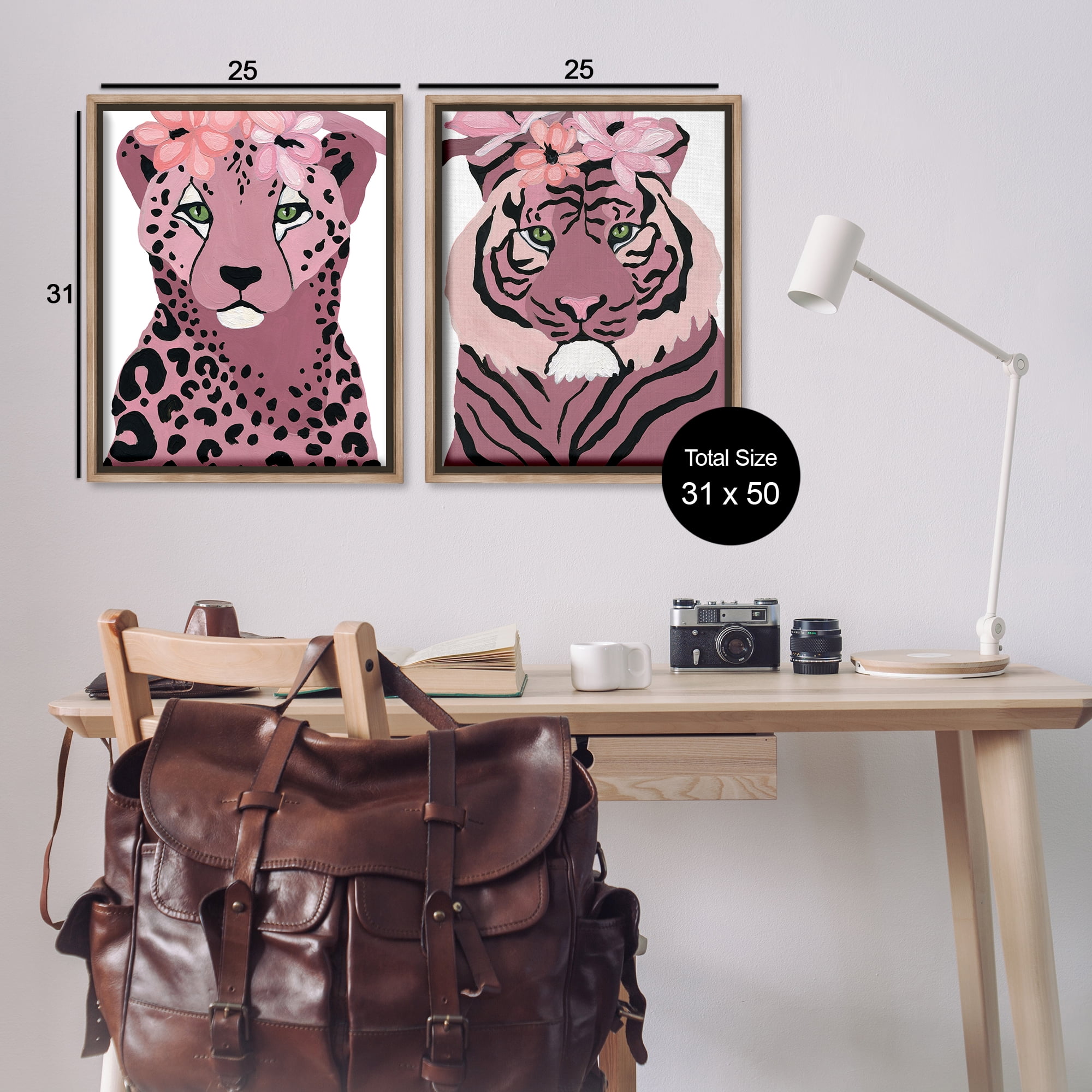 Stupell Industries Floral Cheetah Tiger Animals Painting Brown Floater Framed Canvas Art Print Wall Art, 31 x 25, Set of 2