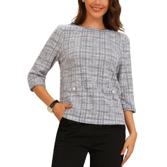 INSPIRE CHIC Women's Elegant Tweed Plaid Top 3/4 Sleeve Button Decor Vintage Blouse XS Light Purple