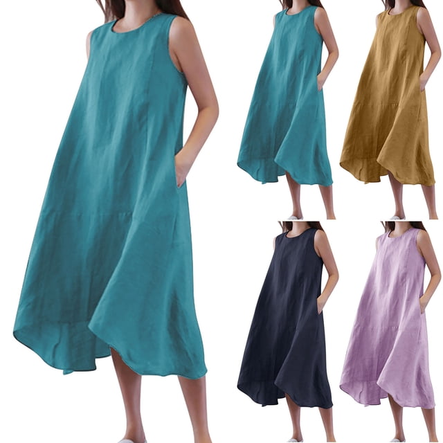 Gspmoly Robes d'Été pour Femmes 2025, Robes d'Été Décontractées pour Femmes à Col Rond Unies Sans Manches, Robes Formelles pour Femmes Soldes d'Été Liquidation