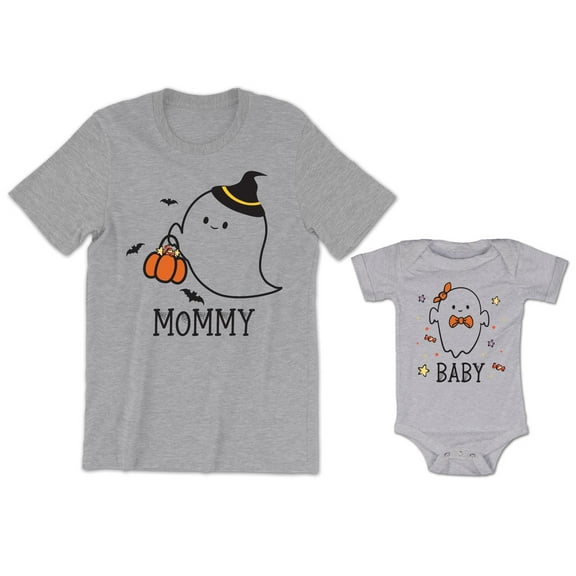 Mommy Ghost Women's T-Shirt Trick or Treating Pumpkin Graphic Tee Baby Ghost Bodysuit Kids Toddler Shirt Halloween Family Matching Mommy Daughter Son Outfits