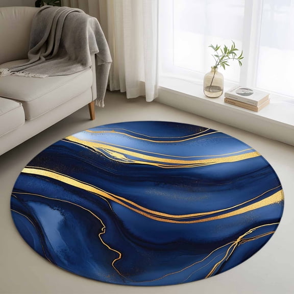 3.3ft Round Rug, Marble Navy Blue Non-Skid Rubber Backing Large Area Rugs - Living Room Bedroom Home Office, Modern Golden Ombre Retro Fluid Art Indoor Floor Mat Carpets Washable Rug