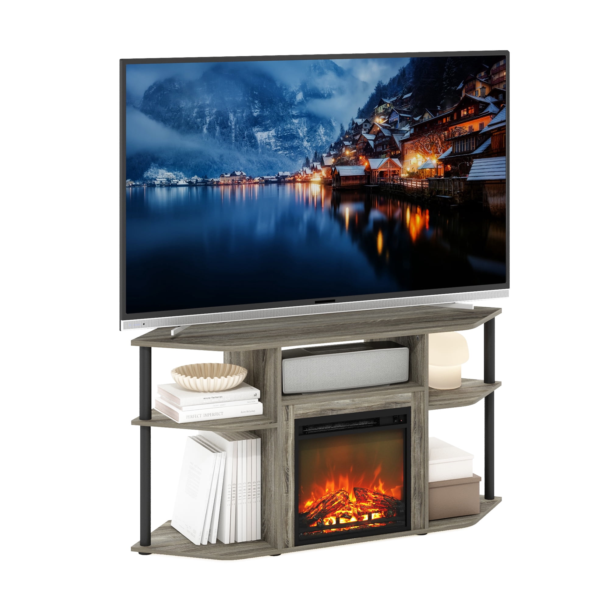 Furinno Jensen Open Storage Corner Fireplace TV Entertainment Center with Plastic Poles for TV up to 55 Inch, French Oak Grey/Black