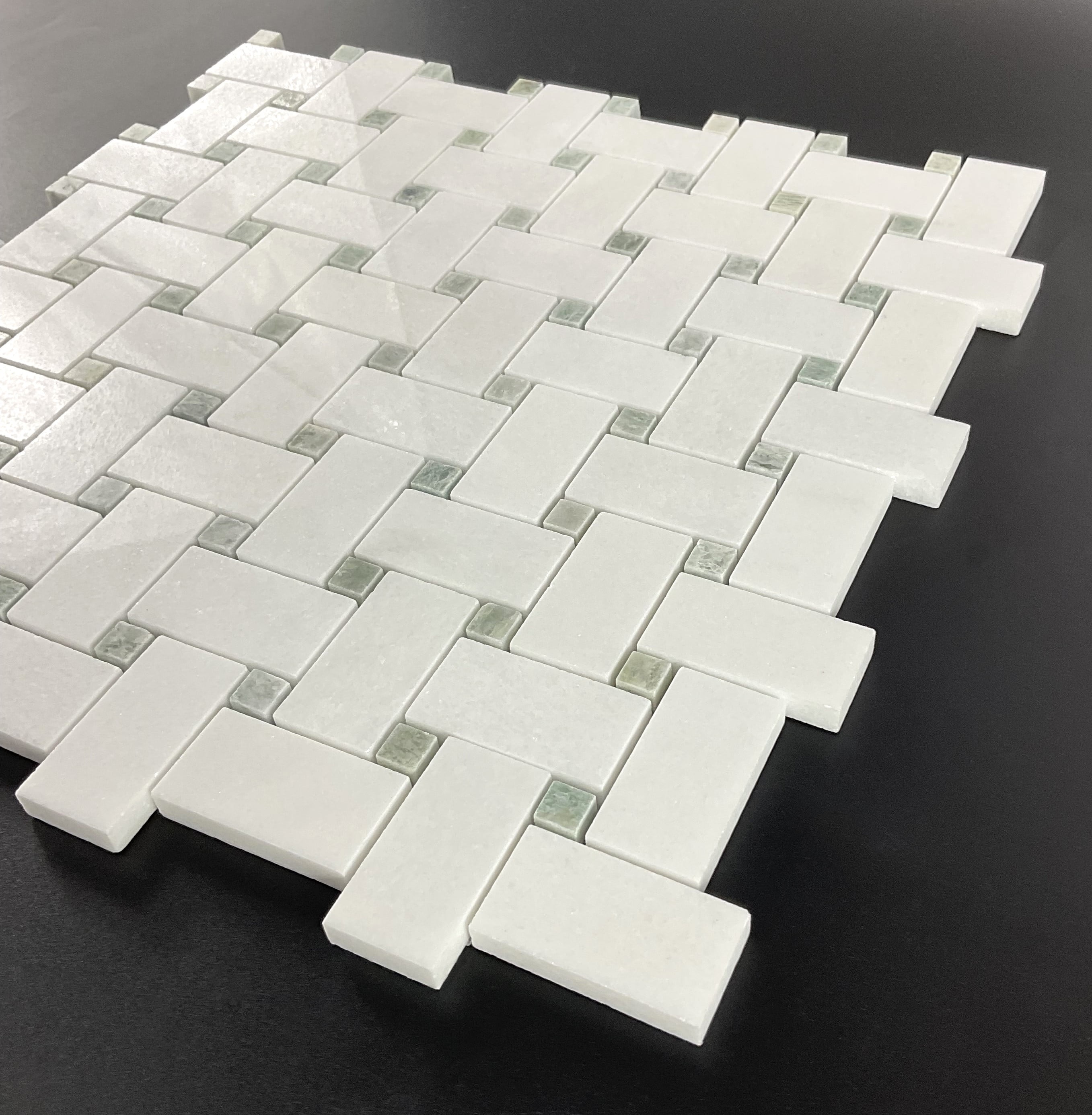 10-Pieces of 1" x 2" Thassos White and Ming Green Dot Marble Basketweave Mosaic Floor and Wall Tile