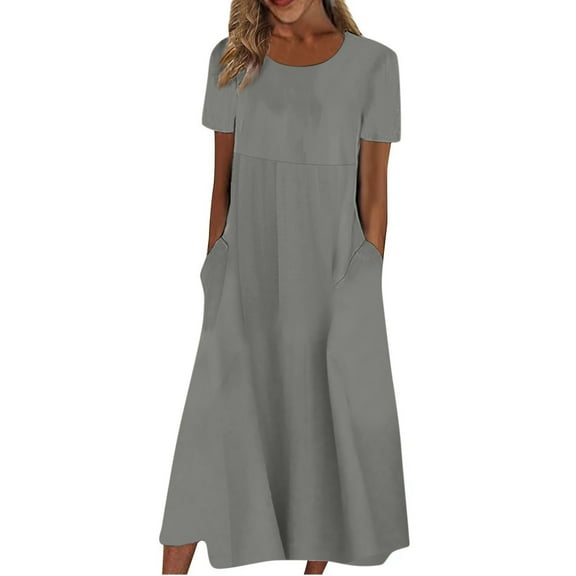 Womens Crew Neck Long Sleeve Women's Summer Casual Fashion Solid Color Short Sleeve Round Neck Pocket Dress Gray