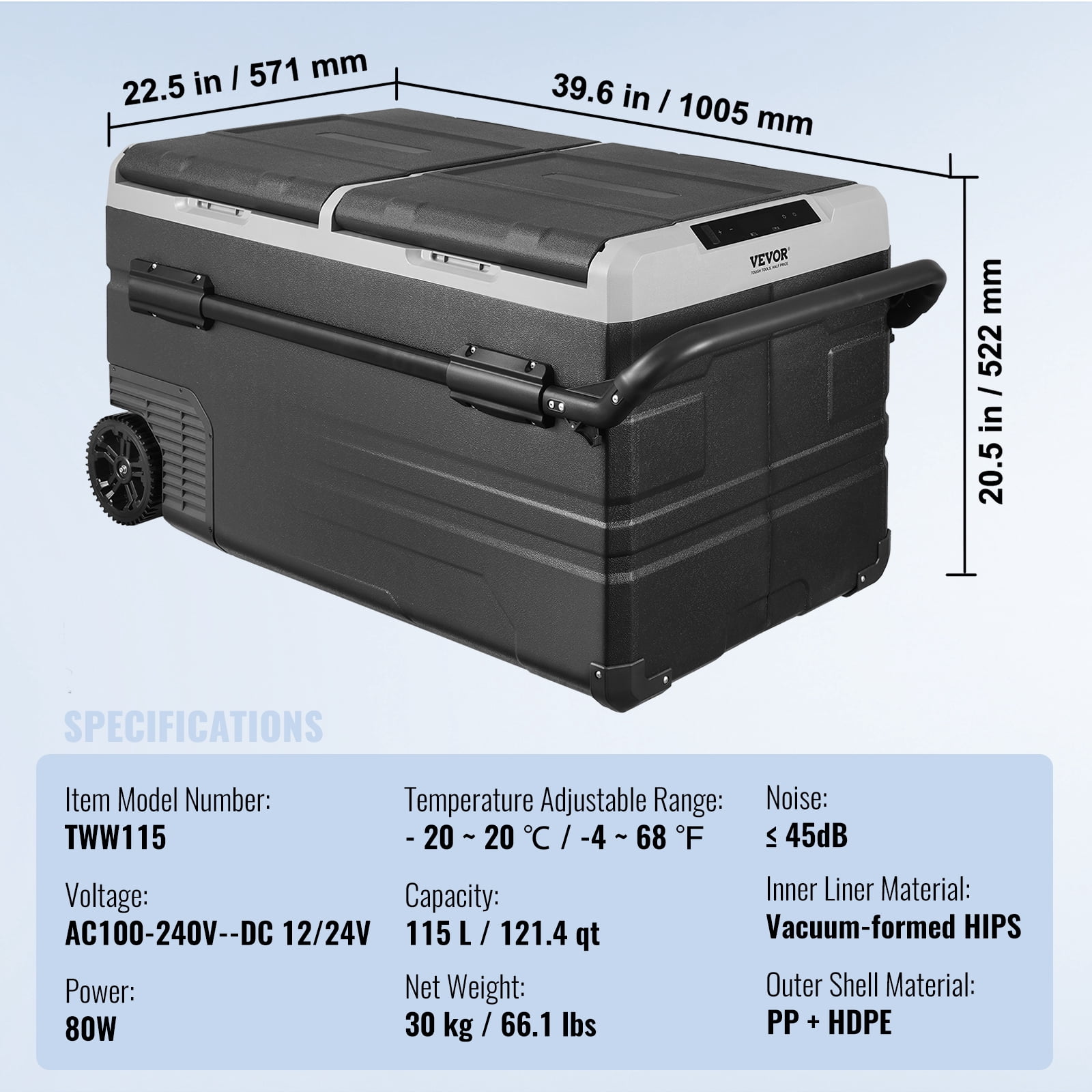 VEVOR Car Refrigerator, 12 Volt Car Refrigerator Fridge, 115 L Dual Zone Portable Freezer with Wheels and Handle, -4℉-68℉, 12/24V DC and 100-240V AC Compressor