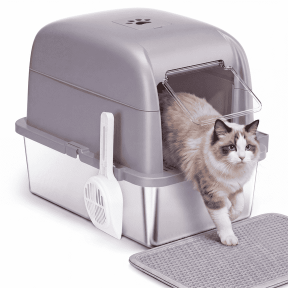 Osoeri Large Stainless Steel Cat Litter Box with Scoop and Mat Set - Odor, Stain and Rust Resistant, Gray