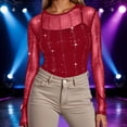 thumbnail image 2 of LIUJUNSHOP Women Mesh Bodysuit Neck Long Sleeve Sheer Rhinestone Going Out Top, 2 of 5