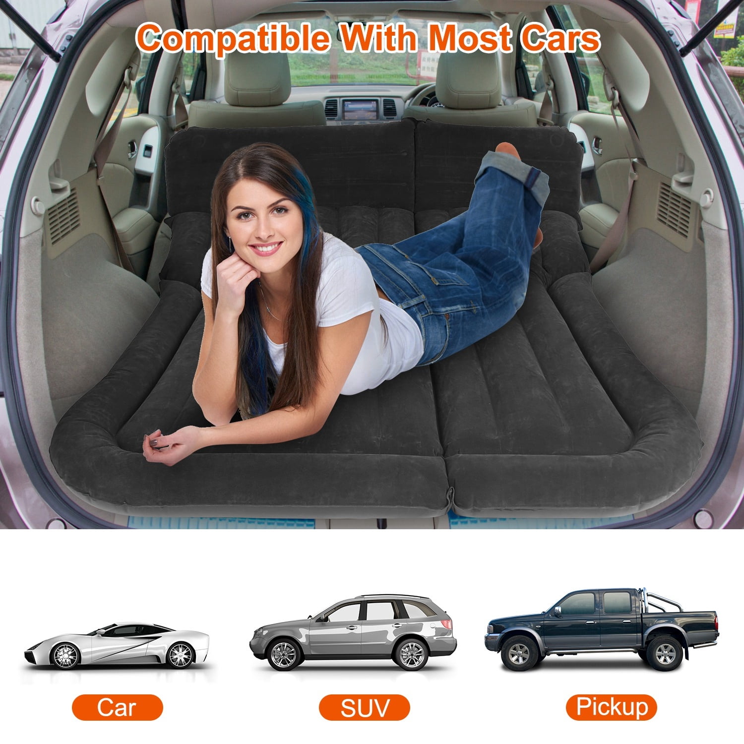 130x175x12.5cm/51.18x68.89x4.92in SUV Air Mattress Thickened Camping Bed Cushion with Pillow Air Pump Storage Bag PVC Flocked Car Bed for Home Car Travel Camping (black)