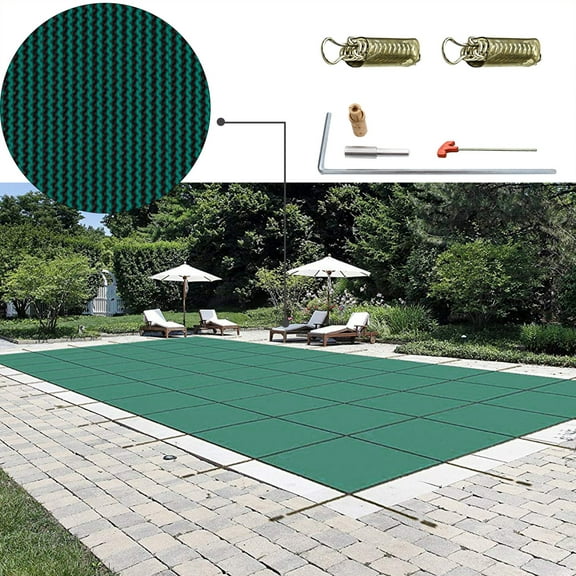 KFFKFF Protective Cover for 16x30ft Rectangular Inground Pools, Pool Safety Cover with Drainage Openings, Mesh and Solid Cover for Swimming Pool, Winter Protection Cover, Green