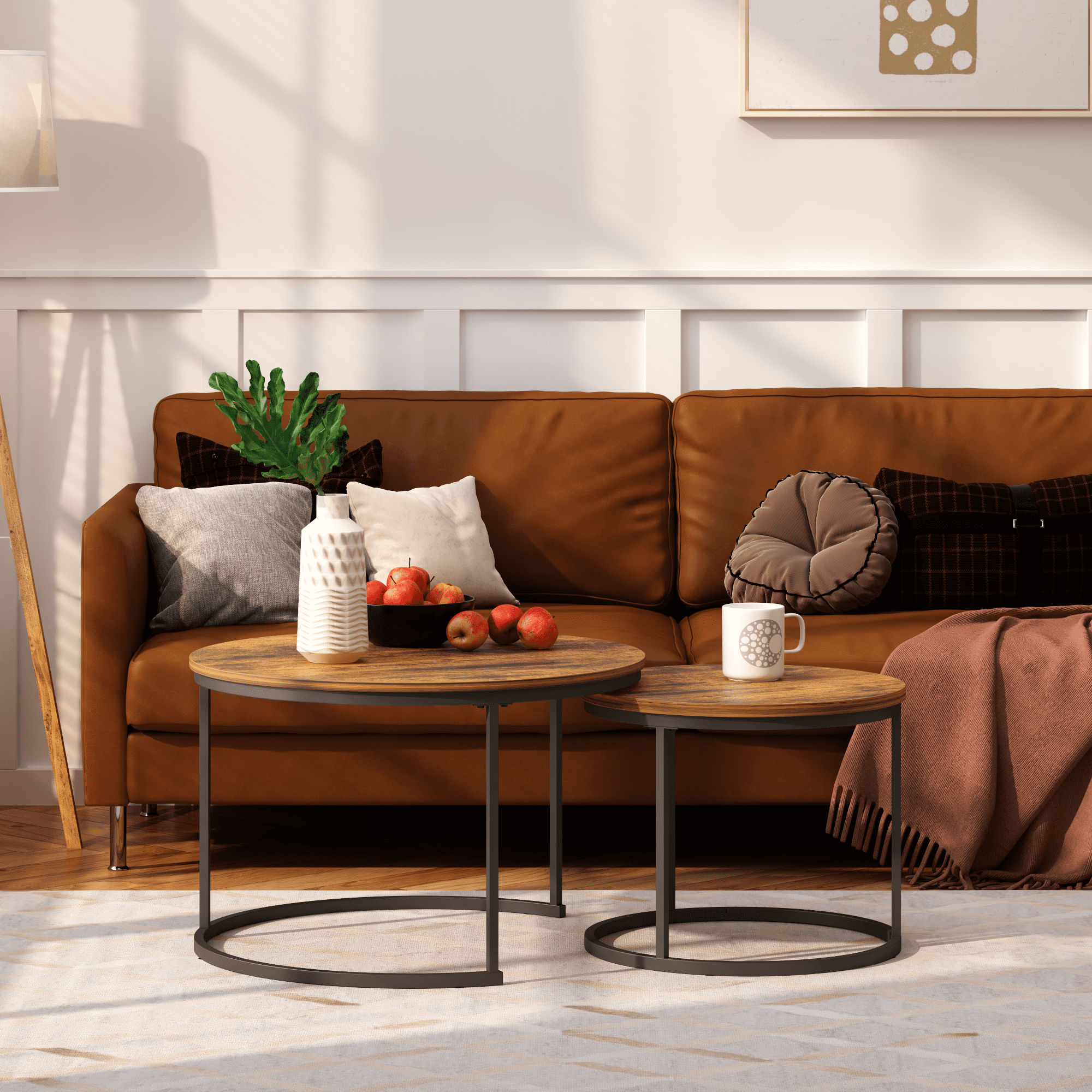 Nesting Coffee Table Set of 2, 27.6inch Round Coffee Table Industrial Wood Finish with Sturdy Metal Frame, End Table Side Tables for Living Room Bedroom Balcony Yard (Rustic Brown)