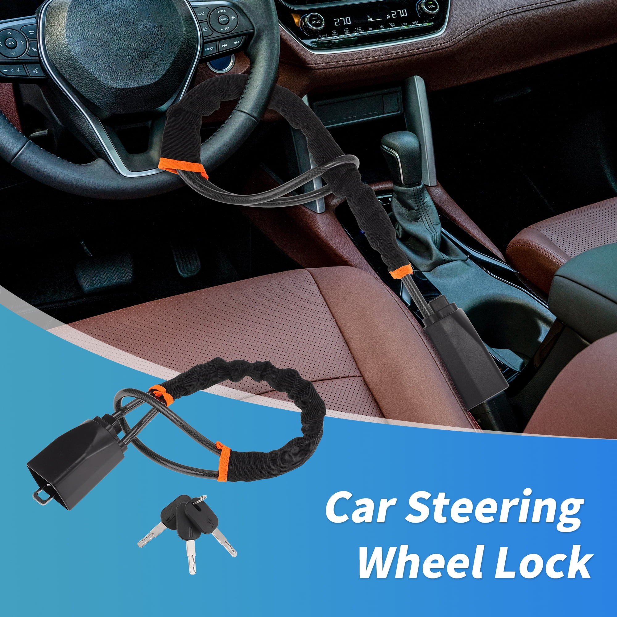 Unique Bargains Steering Wheel Lock with Seat Belt Lock Function - Universal Anti Theft Car Device for Most Vehicles 44 cm Length High Security with Black (1 Set)