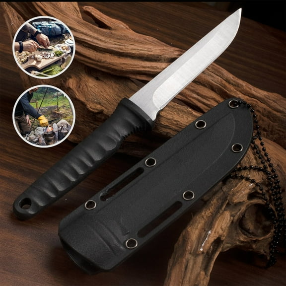 Fixed Blade Hunting Knife with Sheath, 8-inch Survival Knives for Men with Non-Slip Handle for Bushcraft, Outdoor Camping (Black)