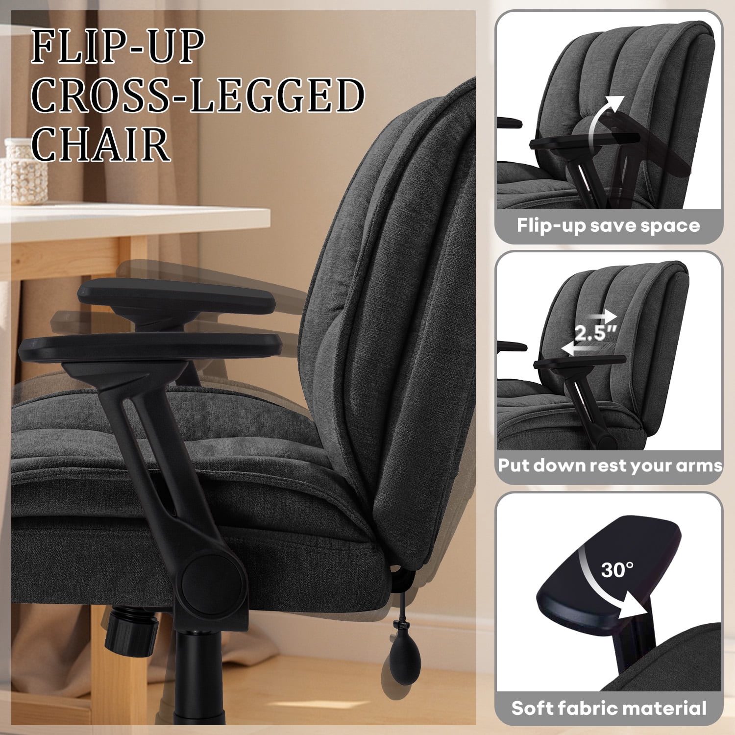 Waleaf Criss Cross Chair with Flip-Up Arms & Airbag Lumbar Support, Adjustable Height, Wide Seat Office Chair on Wheels, for Home Office, Desk, Vanity, Black