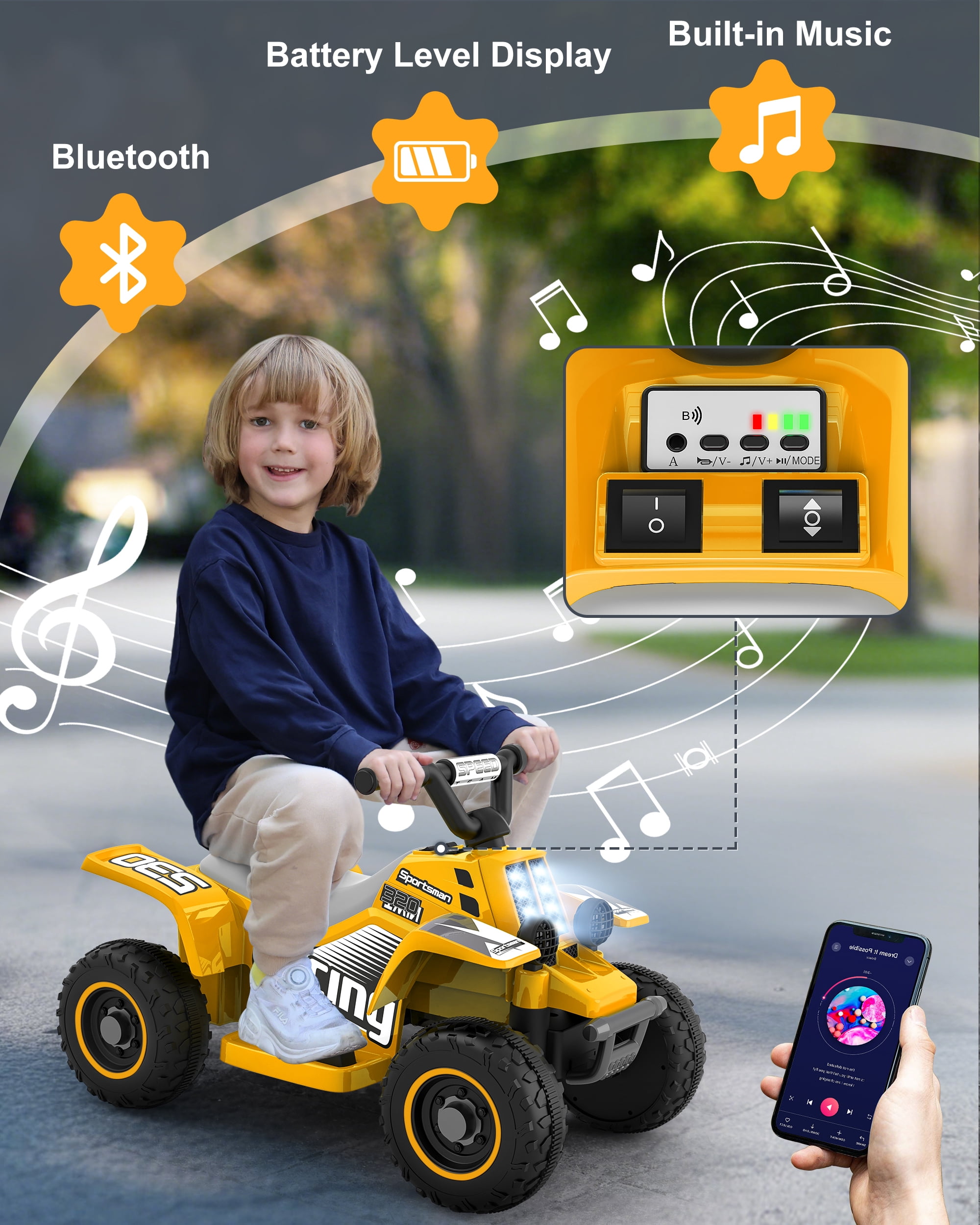 TOKTOO 6V 7Ah Powered Ride on ATV Toys, Electric Kids Car, 4 Wheeler Ride on Car w/ Music Player, Toddler Car for Boys Girls Aged 1-3 Years, Yellow
