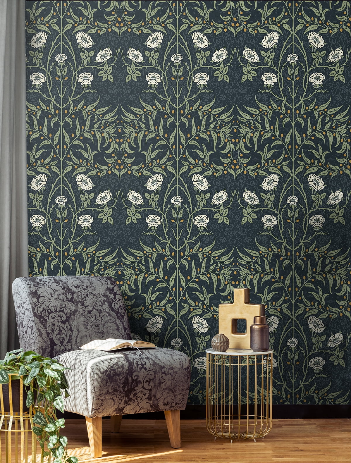NextWall  Stenciled Floral Peel and Stick Wallpaper Navy & Sage
