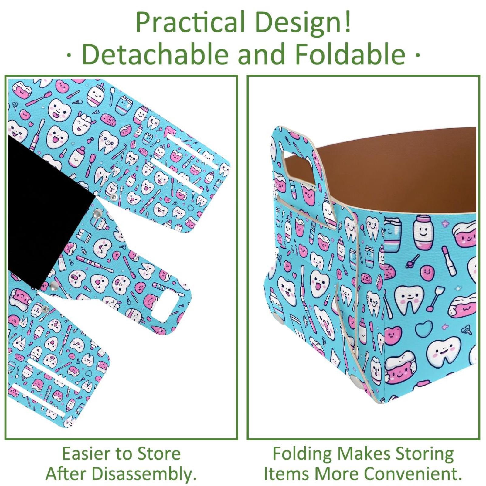 Cartoon Toothbrush Teeth Storage Basket Collapsible Storage Bin, PU Foldable Basket Convenient Box Storage Organizer with Handles for Shelves Office Bedroom Closet Nursery Toys Laundry