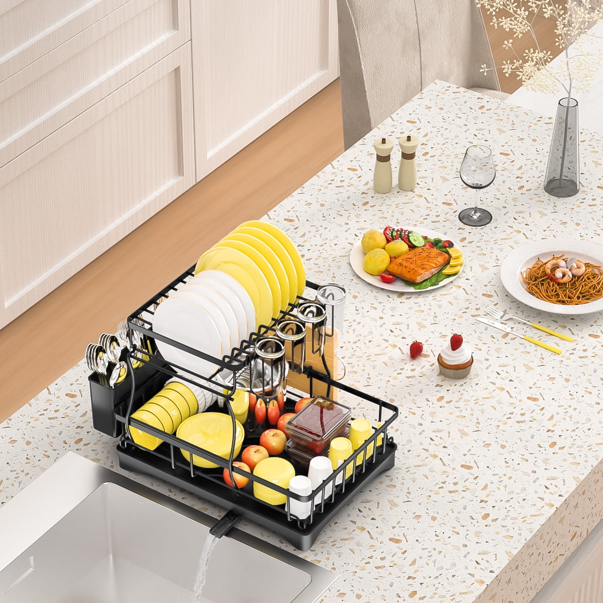 GPED 2 Tier Dish Drying Rack, Stainless Steel Dish Rack for Kitchen Counter, Kitchen Organizers and Storage Rack with Drainboard, Cutlery Holder, Cup Rack and Cutting Board Holder