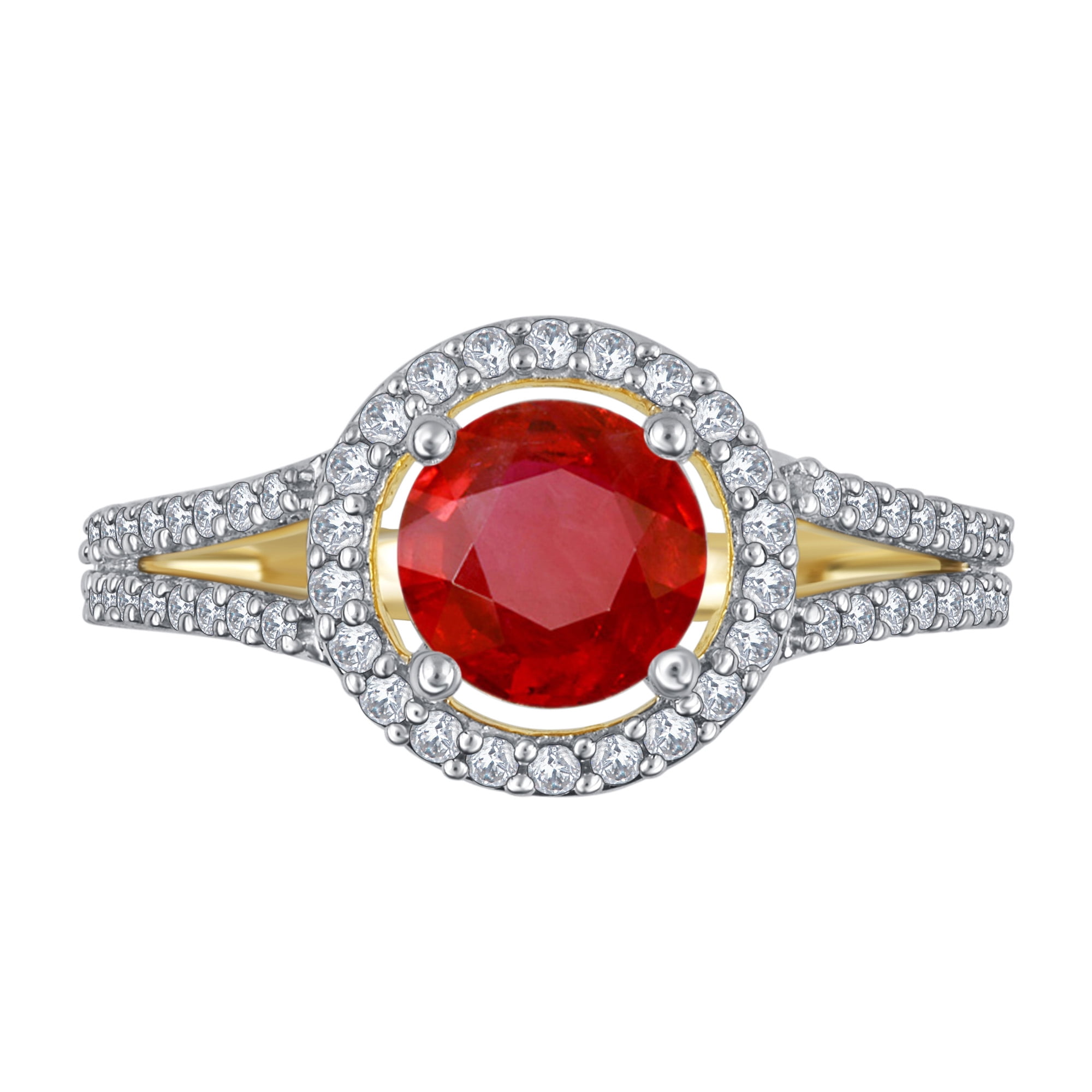 Ruby and White Sapphire Halo Birthstone Ring in Sterling Silver