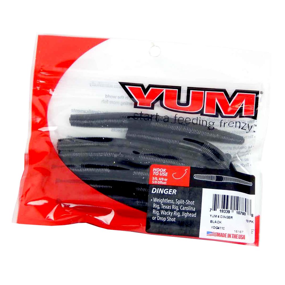 Yum 4" Dinger Soft Plastic Fishing Worm Black Pack of 10, YDG4110