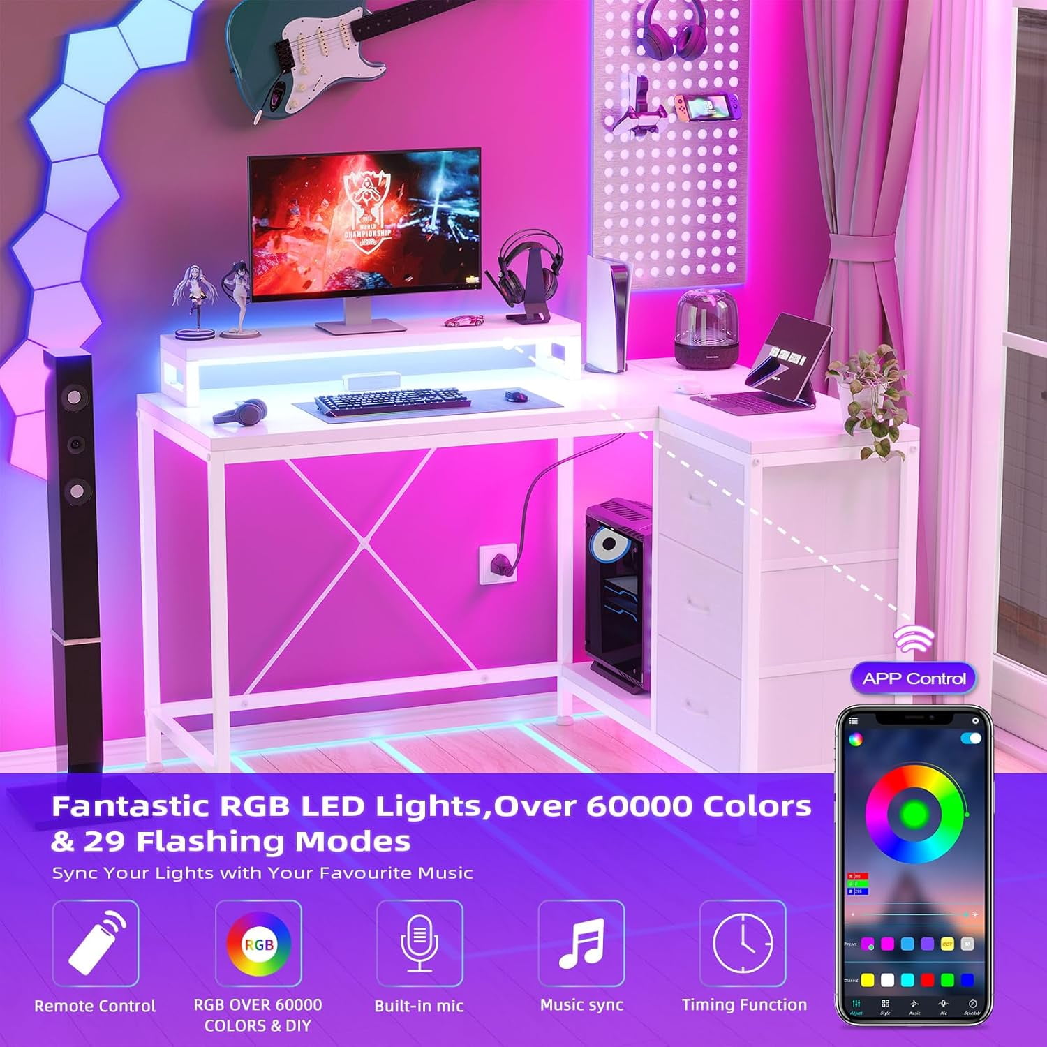 43" L-Shaped Computer Desk with 4 Power Outlets and 7-Color Led Lights, 3-Drawer Gaming Desk