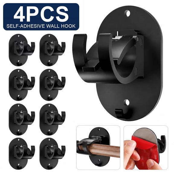 Genrenn 4 PCS No Drill Curtain Rod Brackets, Curtain Rods No Drilling Curtain Rod Bracket Self Adhesive Curtain Rod Holder Curtain Rods Hooks for Bathroom Bedroom Kitchen (4 PCS, Black)