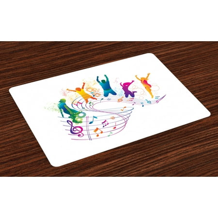 

Youth Placemats Set of 4 Active Dancing Jumping People Vibrant Silhouettes with Musical Notes Joyful Festival Washable Fabric Place Mats for Dining Room Kitchen Table Decor Multicolor by Ambesonne