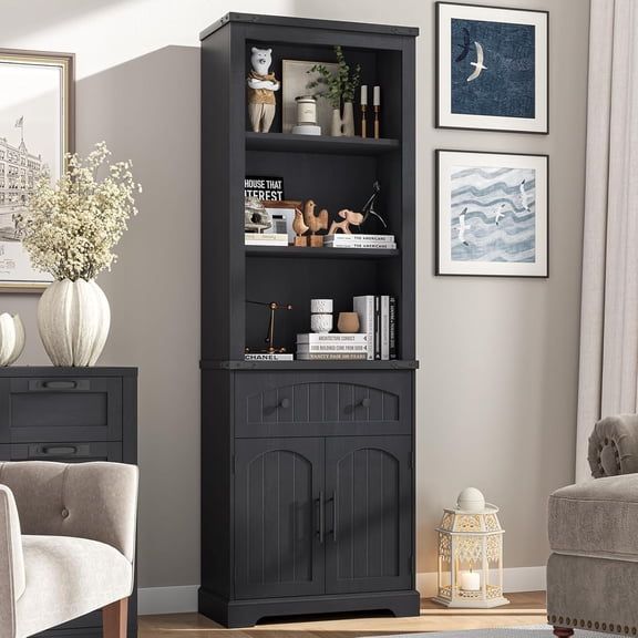 70" Tall Bookshelf, 5-Tier Floor Standing Bookcase with Adjustable Shelves and Doors, Rustic Black Farmhouse Book Shelf with Storage Cabinet, Wooden Display Organizer for Home Office, Living Room