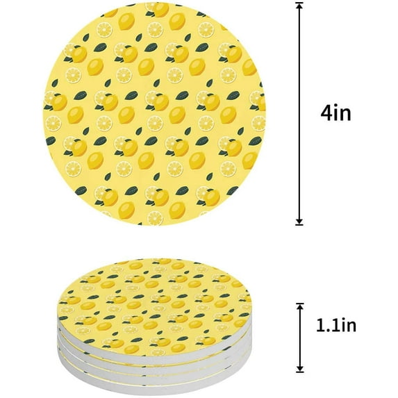 FMSHPON Lemon Set of 6 Round Coaster for Drinks, Absorbent Ceramic Stone Coasters Cup Mat with Cork Base for Home Kitchen Room Coffee Table Bar Decor