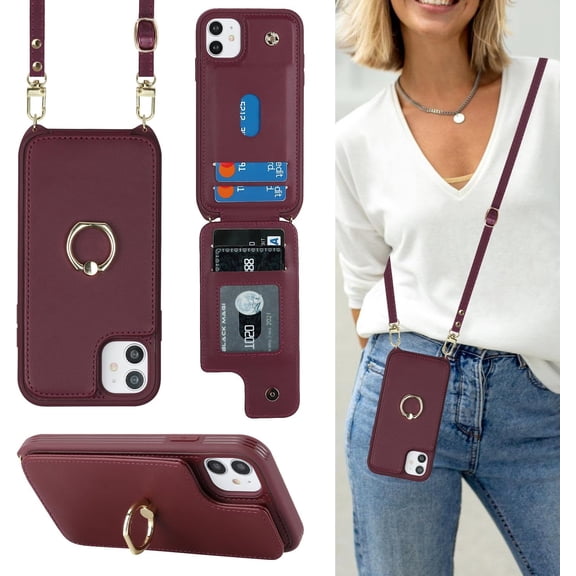 for iPhone 12 Mini Case with Card Holder and Strap for Women,Crossbody Lanyard,Kickstand Ring Stand,Snap Clasp,RFID Blocking,Phone Wallet Cases 5.4 inch(Wine Red)