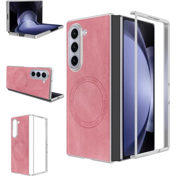 for Samsung Galaxy Z Fold 6 5G Leather Case, [Compatible with MagSafe] PU Leather   Hard PC Shell Slim Durable Protective Phone Case Cover for Samsung Galaxy Z Fold6 5G 2024 (Pink)