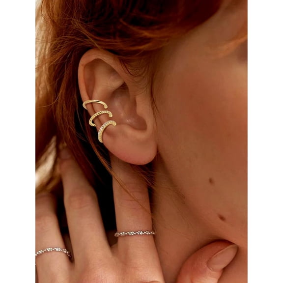 1Set 3Pcs Brass C-Shaped Cuff Earrings Adjustable Earrings with Rhinestone Golden Clip On Cartilage Earring for Women Elegant Gifts Personalized Jewelry 12.5x14~14.5x2~2.5mm