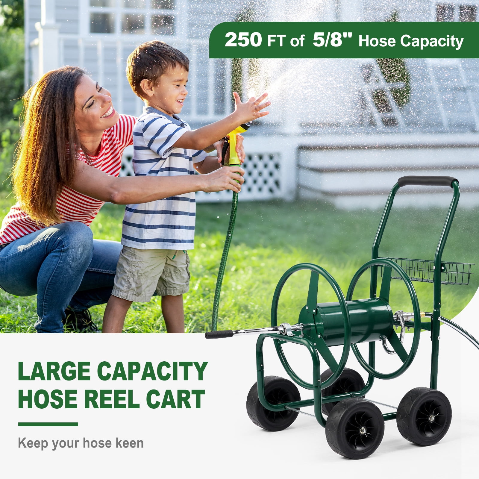 Zimtown Heavy Duty Hose Reel Cart, 250FT Capacity Mobile Steel Garden Tool with Integrated Storage Basket