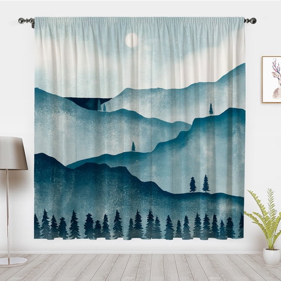 Bohemian Blue Style Window Curtain Vintage woodland landscape painting Window Treatment Blackout Curtain Bedroom living room privacy Decor(Rod pocket)