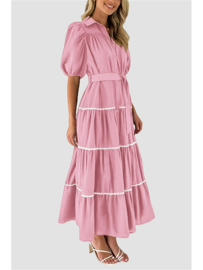 chiffon button down shirt dress Chiffon Midi Dress for Women Short Sleeve Button Up Dress Drawstring Waist  A-line Polka Dot Print Shirt Dresses