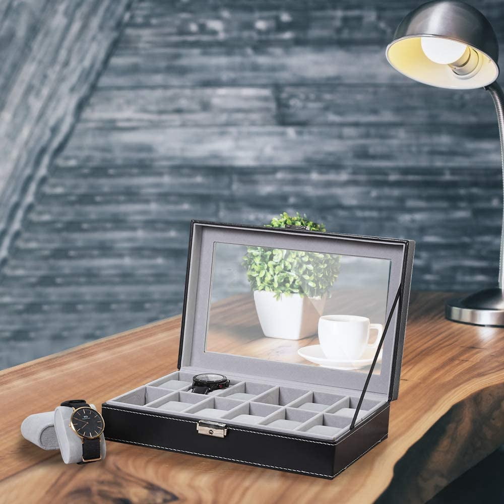 12-Slot Watch Box, Watch Organizer, Lockable Jewelry Display Case with Real Glass Top, Synthetic Leather, Black