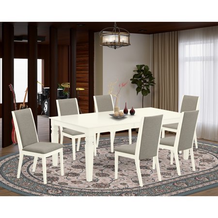 HomeStock French Country 7-Piece Rectangular Dining Table Set- 6 Dining Room Chairs and Butterfly Leaf Table Solid Wood Frame High Back & Linen White Finish