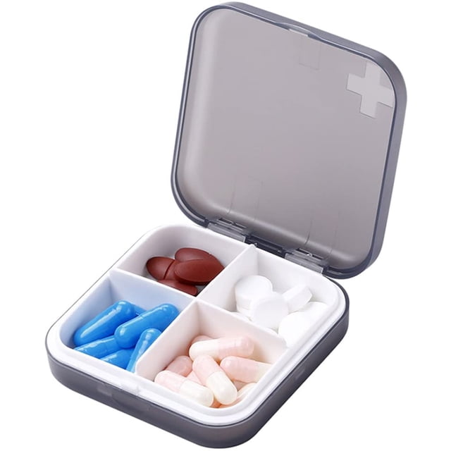 Pill Organizer - Portable Pill Box Small Pill Container for Purse or Pocket, Excellent Pill Storage Case (Gray, 4 Compartment)