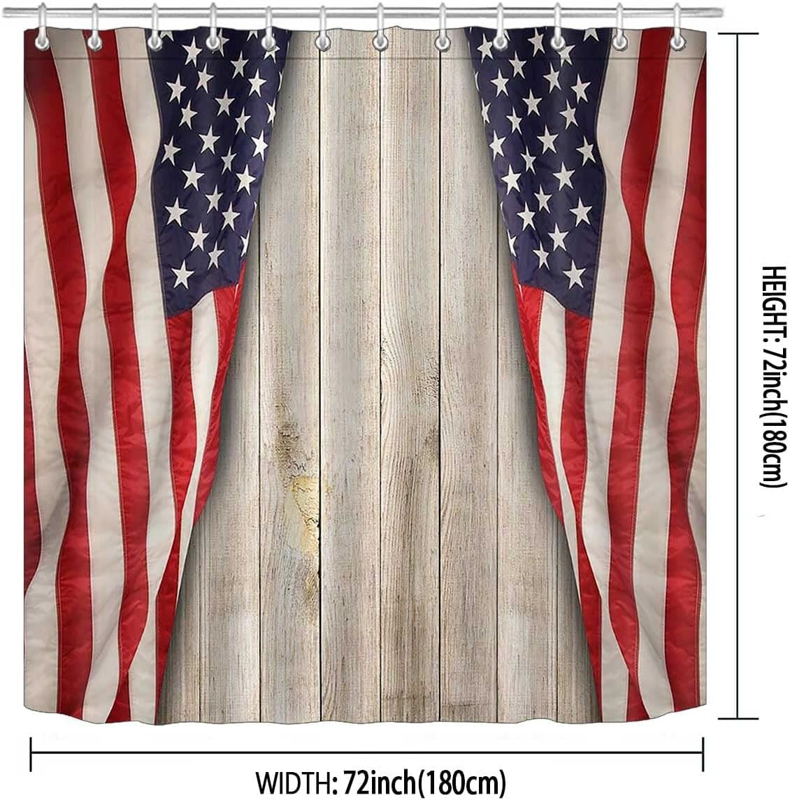 American Flag Shower Curtain, Patriotic Stars and Stripes Fourth of July Independence Day Country Wooden Board Rustic Farmhouse Bathroom Decor, Waterproof Fabric Shower Curtain, 72 X 72 Inch