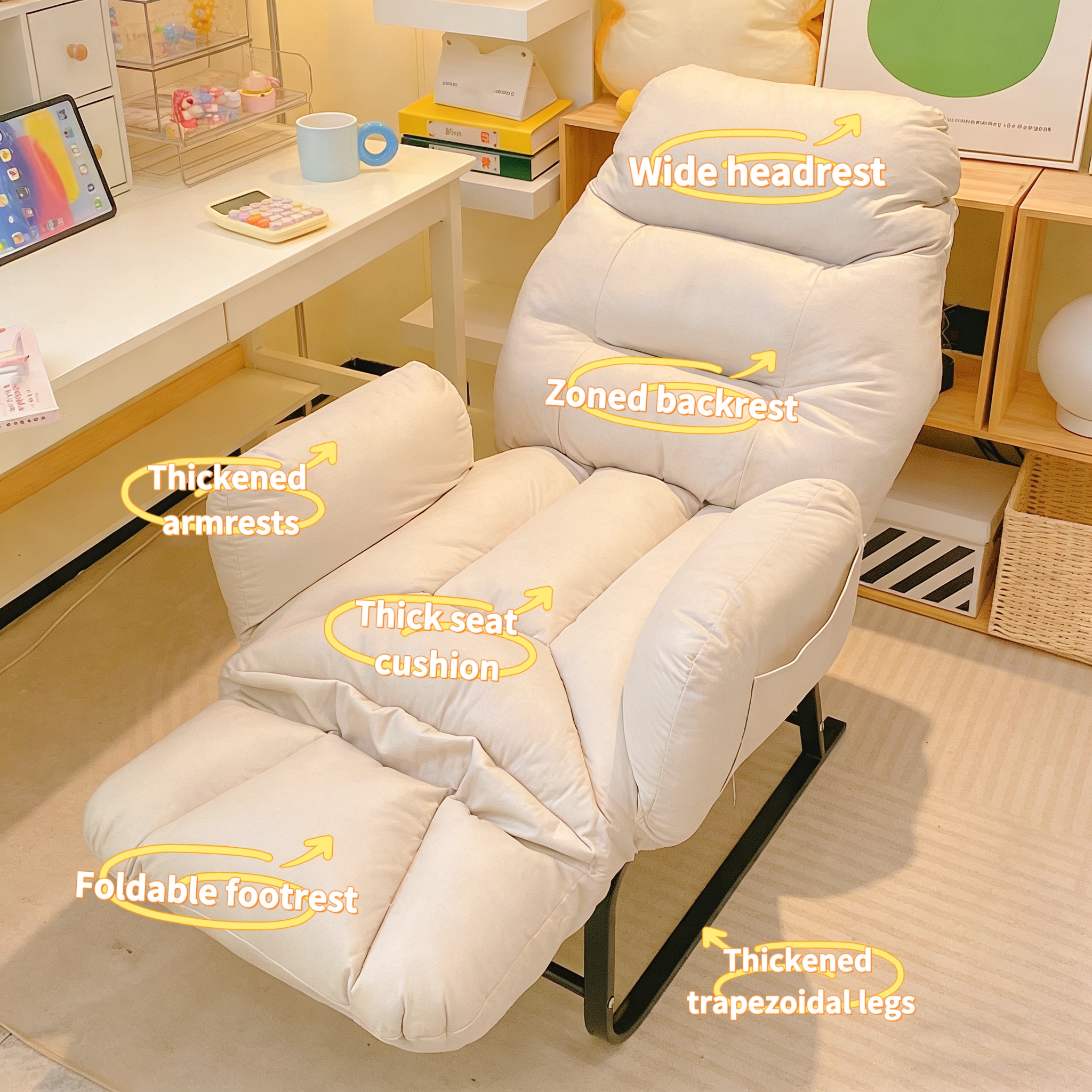 JUANYU Reclining Office Chair,5-Position Backrest Adjustment Desk Chair with Footrest,Ideal for Home or Office Use,Off White