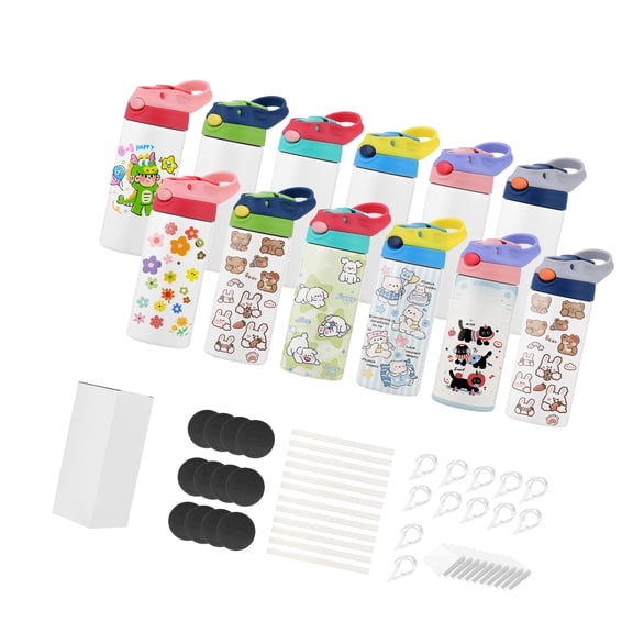 KFFKFF 12 Pack Sublimation Tumblers, 12 oz Kids Water Bottles, Stainless Steel Cups with Lids and Straws, Double-Wall Insulated Tumbler Blanks for DIY Customization