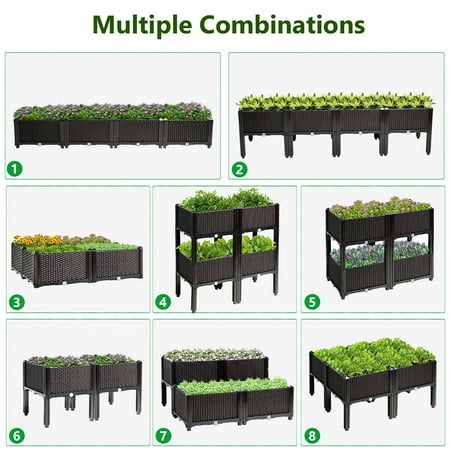 Costway Set of 4 Raised Garden Bed Elevated Flower Vegetable Herb Grow Planter Box - Brown + Black