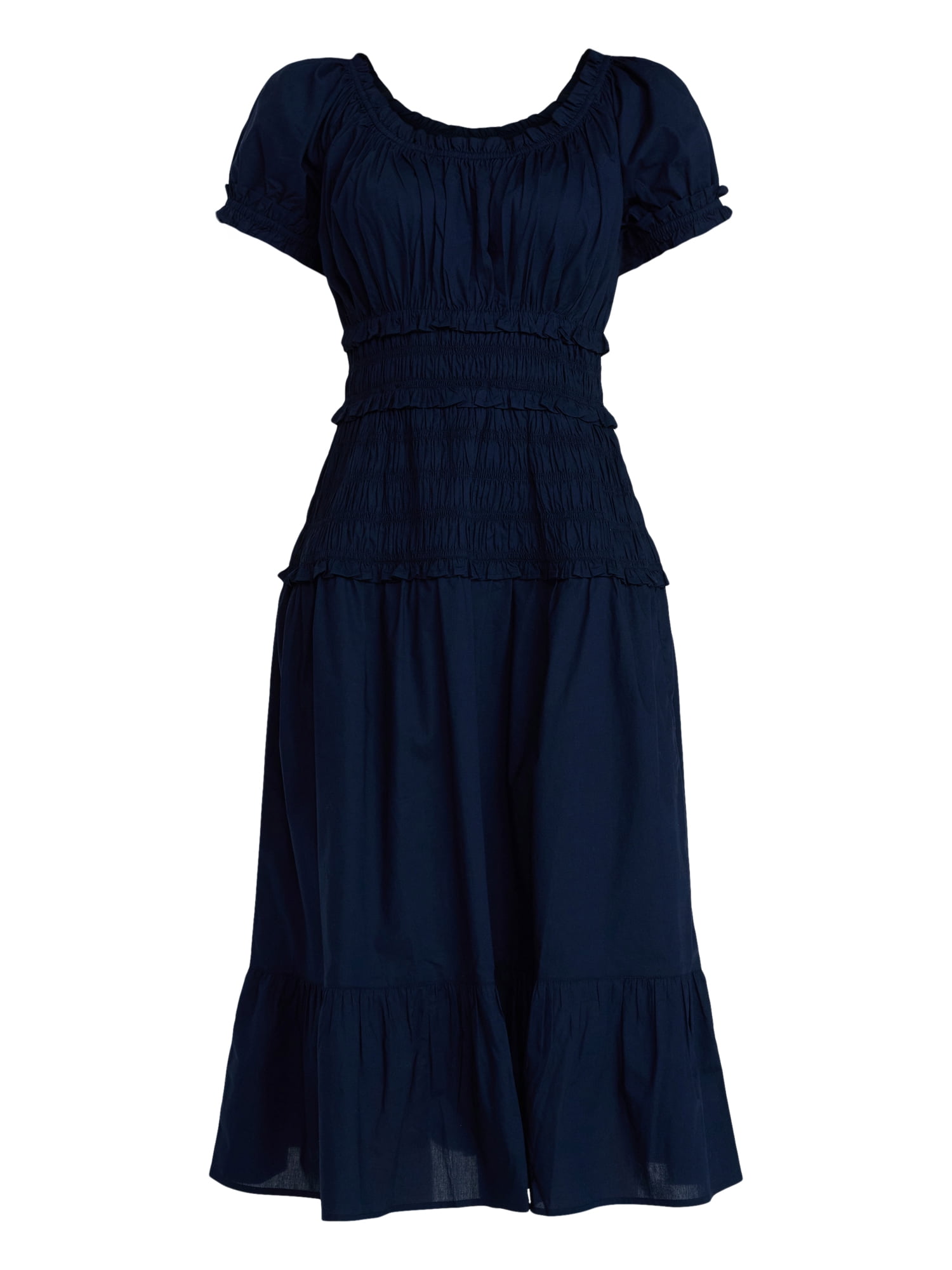 Time and Tru Women's Smocked Cotton Peasant Dress with Short Sleeves, Sizes XS-XXXL