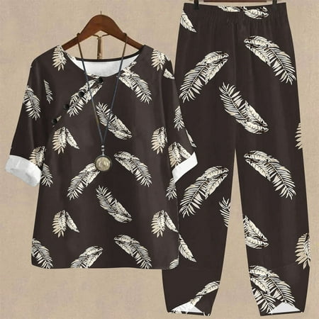 

Yuwull 2023 Womens Pajama Set Ladies Soft Pjs Lounge Set Round Neck Short Sleeve Top and Casual Wide Leg Pants Suit Set Two Piece Lounge Set Brown