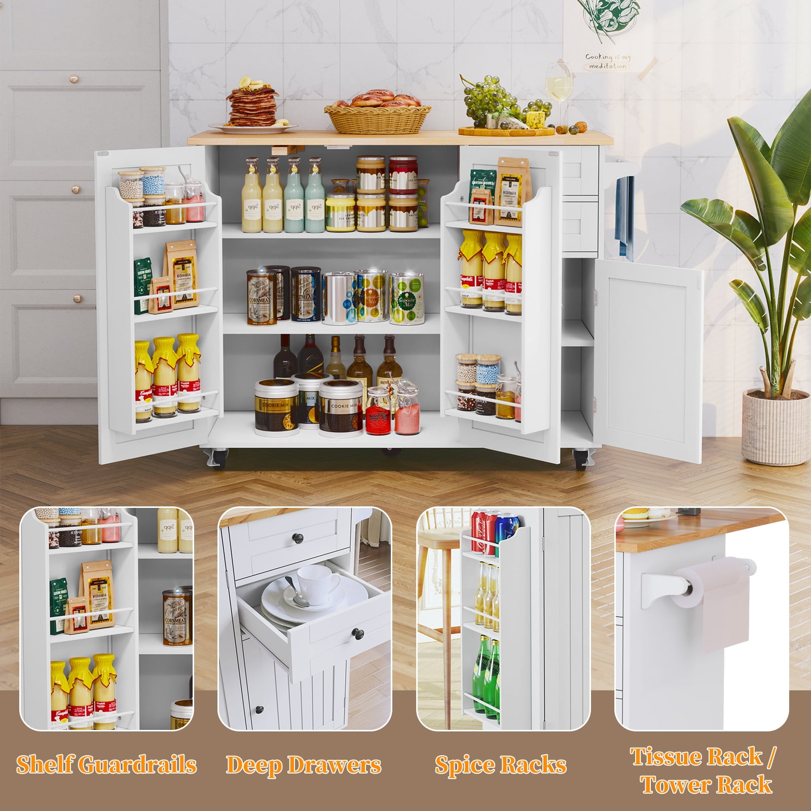 CBJCBJ 50.4" Kitchen Island with Storage, Wood Top Cart with Drop Leaf and Wheels, White