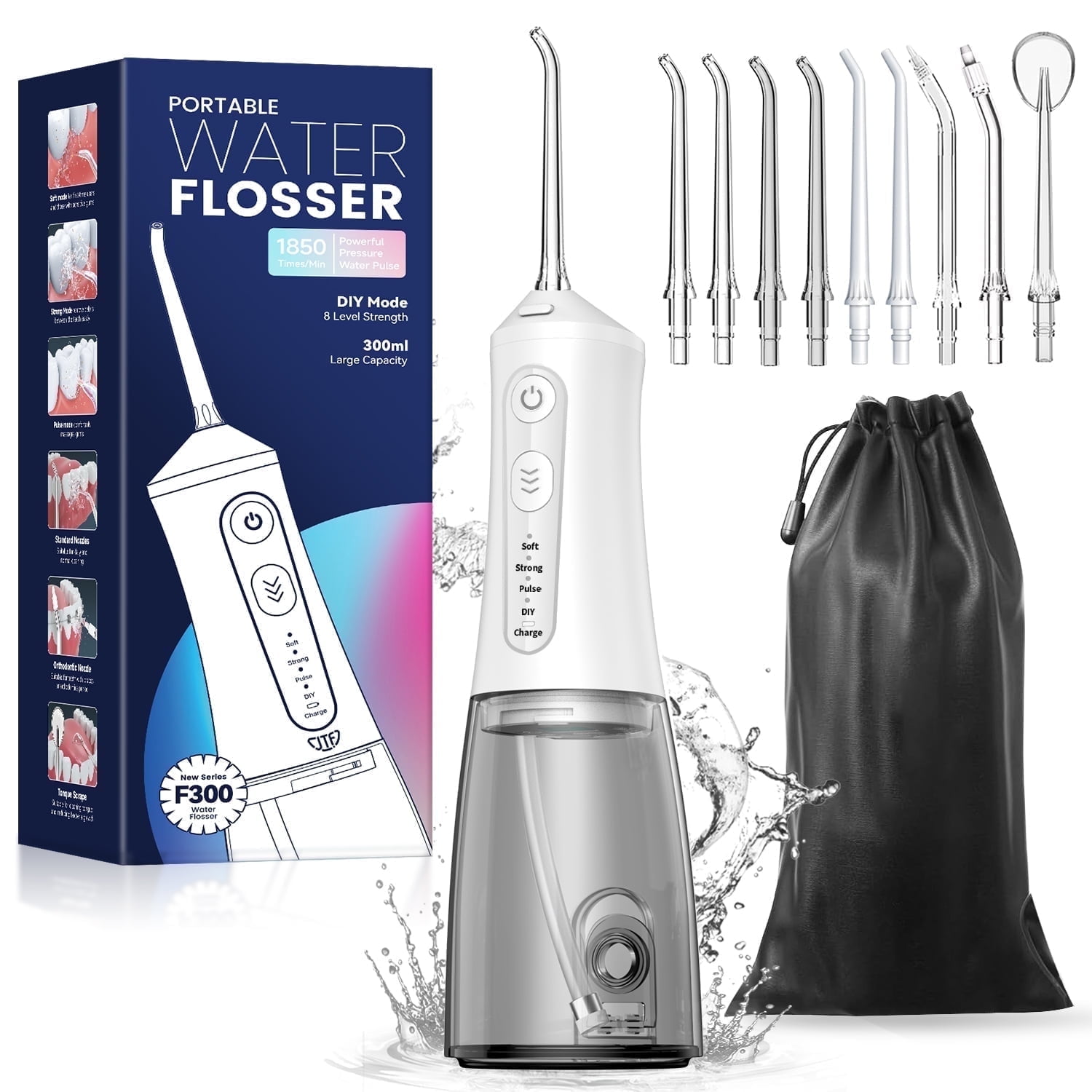 JTF Cordless Water Flosser Dental Teeth Cleaner with 9 Jet Tips, DIY Mode 300ML Tank IPX7 Waterproof Portable Rechargeable Water Flosser Dental Oral Irrigator for Home and Travel, White