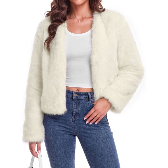 Sundazz Women's Winter Faux Fur Coats Cropped Fuzzy Jacket Warm Open Front Outerwear Fashion Clothing