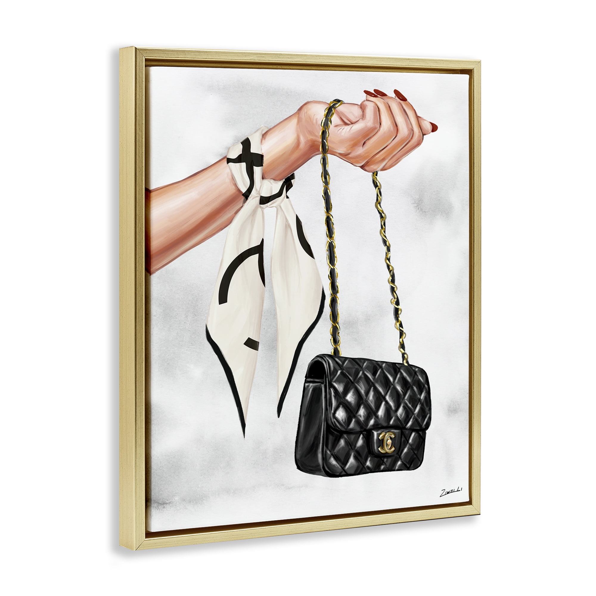 Stupell Industries Black Handbag on Wrist Fashion Painting Gold Floater Framed Canvas Art Print Wall Art, 25 x 31